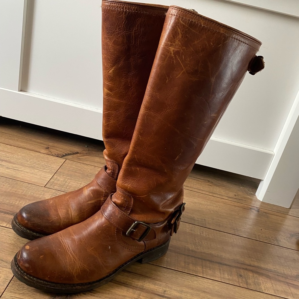 Frye Veronica Tall Buckled Strap Boots, Size 9, Cognac
